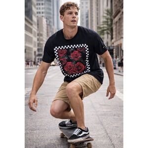 LCM International Mens Black Rose Graphic T-Shirt Checkered Border Medium